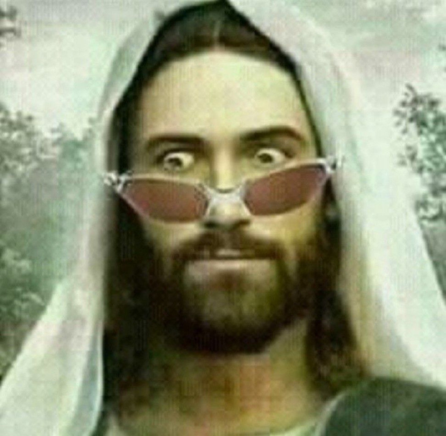Jesus in white sunglasses with wide shocked eyes