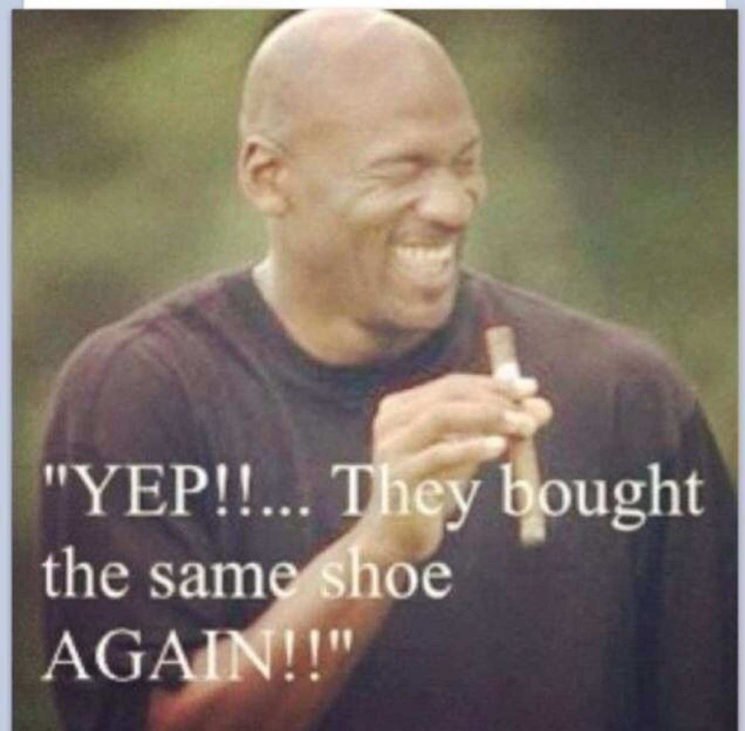 Michael Jordan laughing with a cigar under '"YEP!!... They bought the same shoe AGAIN!!"'