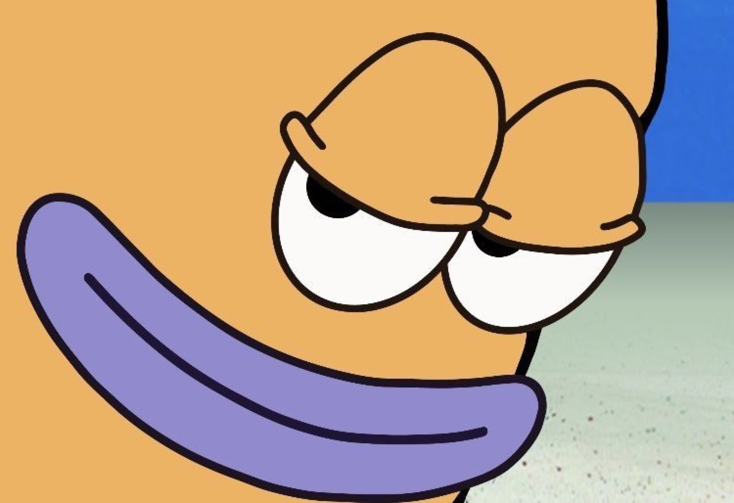 Close-up cartoon face with half-lidded eyes and a sly, smug sideways smirk