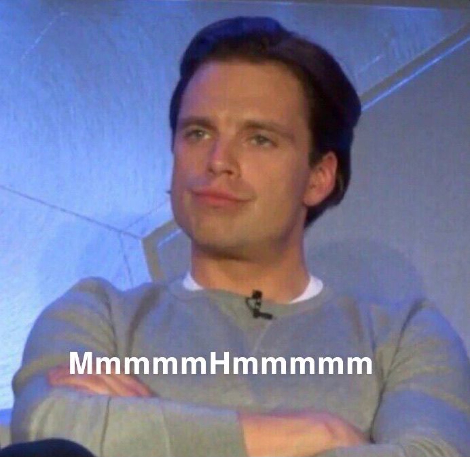 Sebastian Stan seated with arms crossed and a deeply knowing smirk captioned 'MmmmmmHmmmmm'