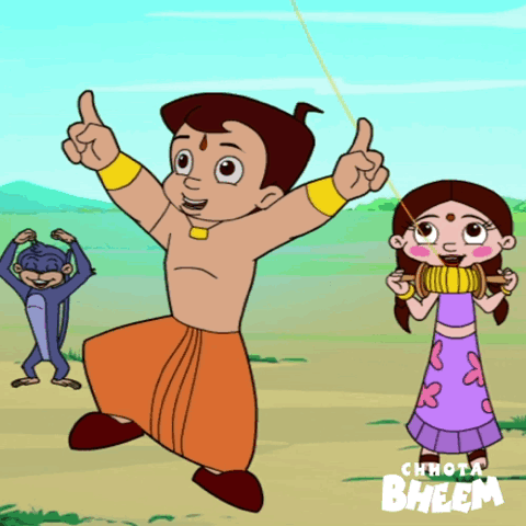 Chhota Bheem dancing happily with Chutki and Jaggu the monkey