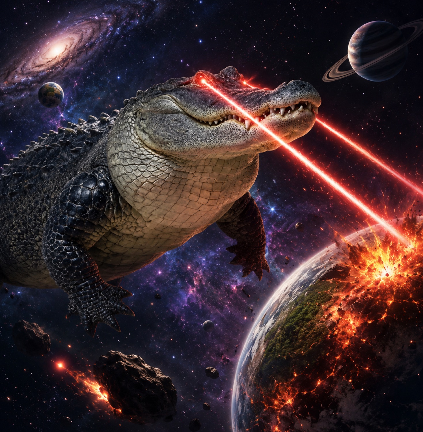 Alligator floating in space shooting laser beams from its eyes at a planet