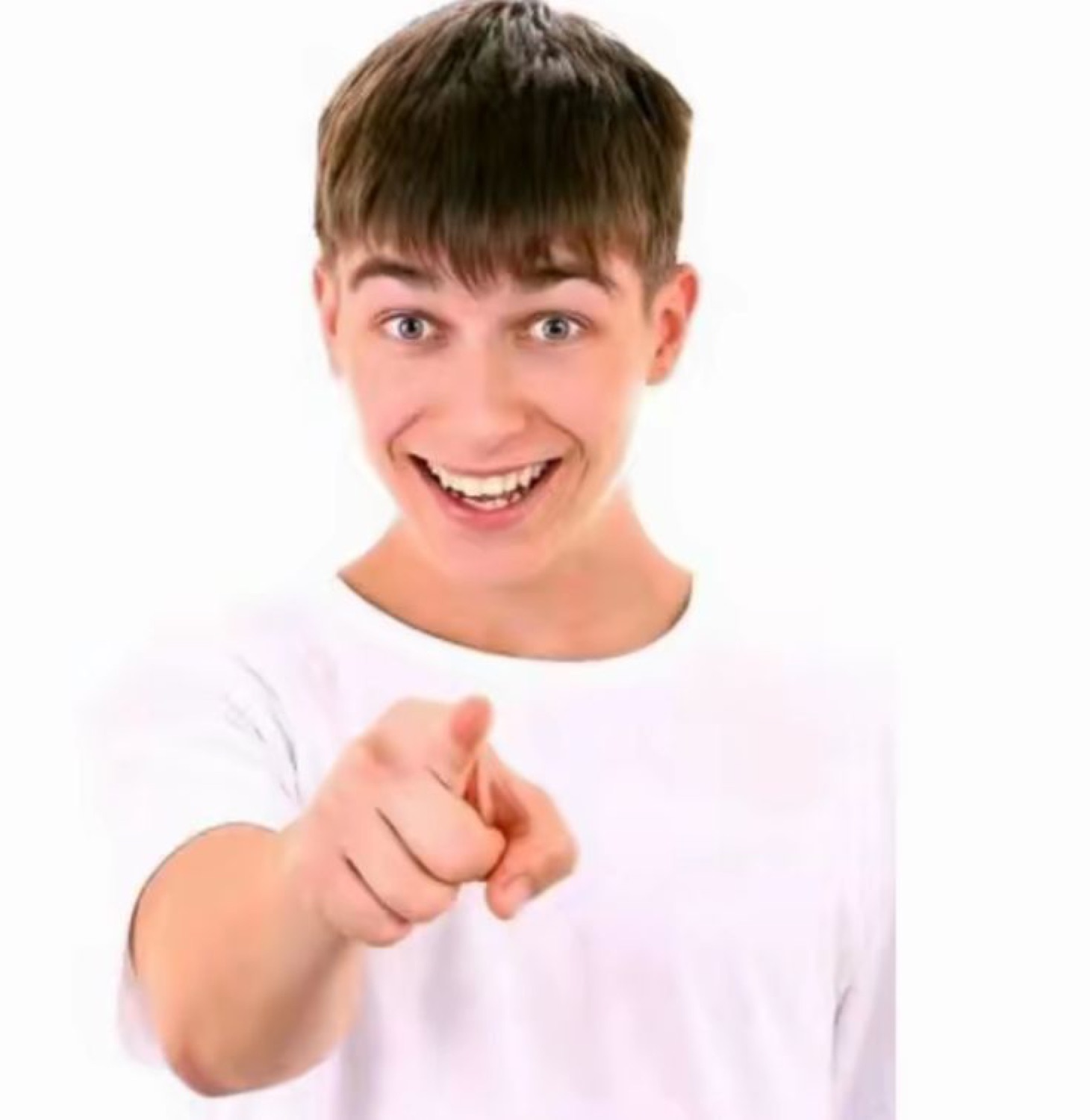 Young man grinning and pointing at the camera