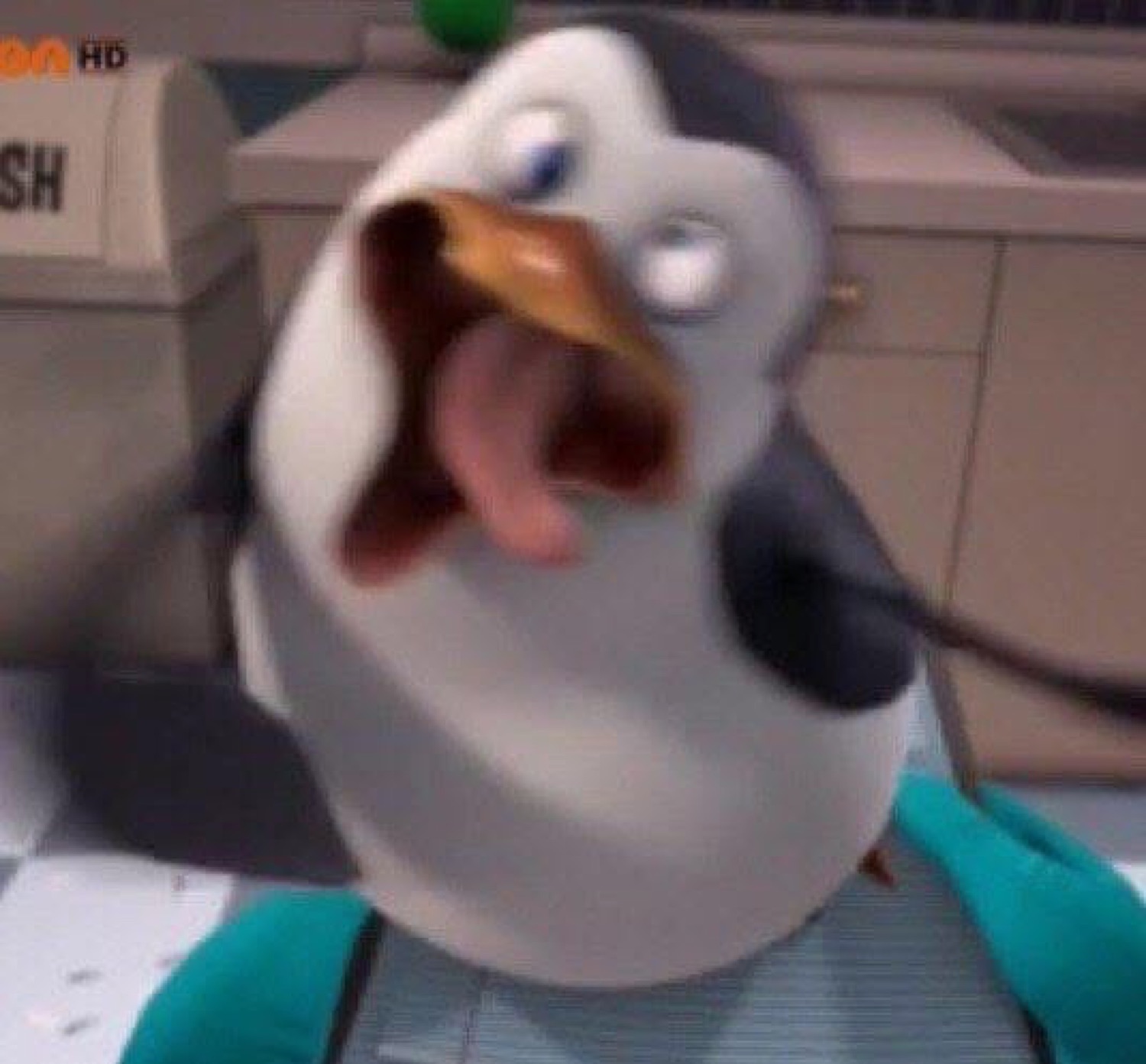 Cartoon penguin screaming with its beak wide open and eyes popping
