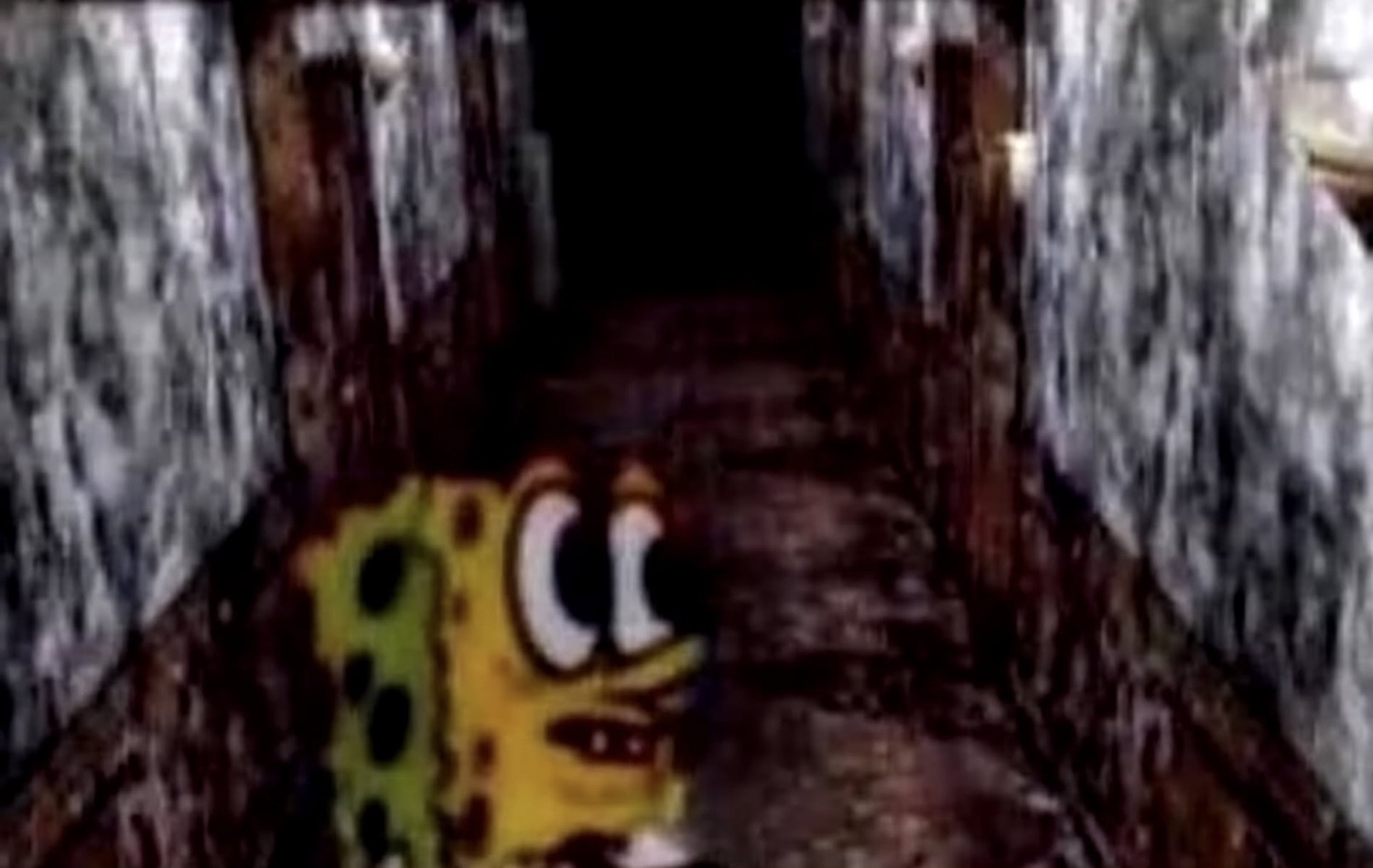Tiny SpongeBob alone in a dark, distorted hallway