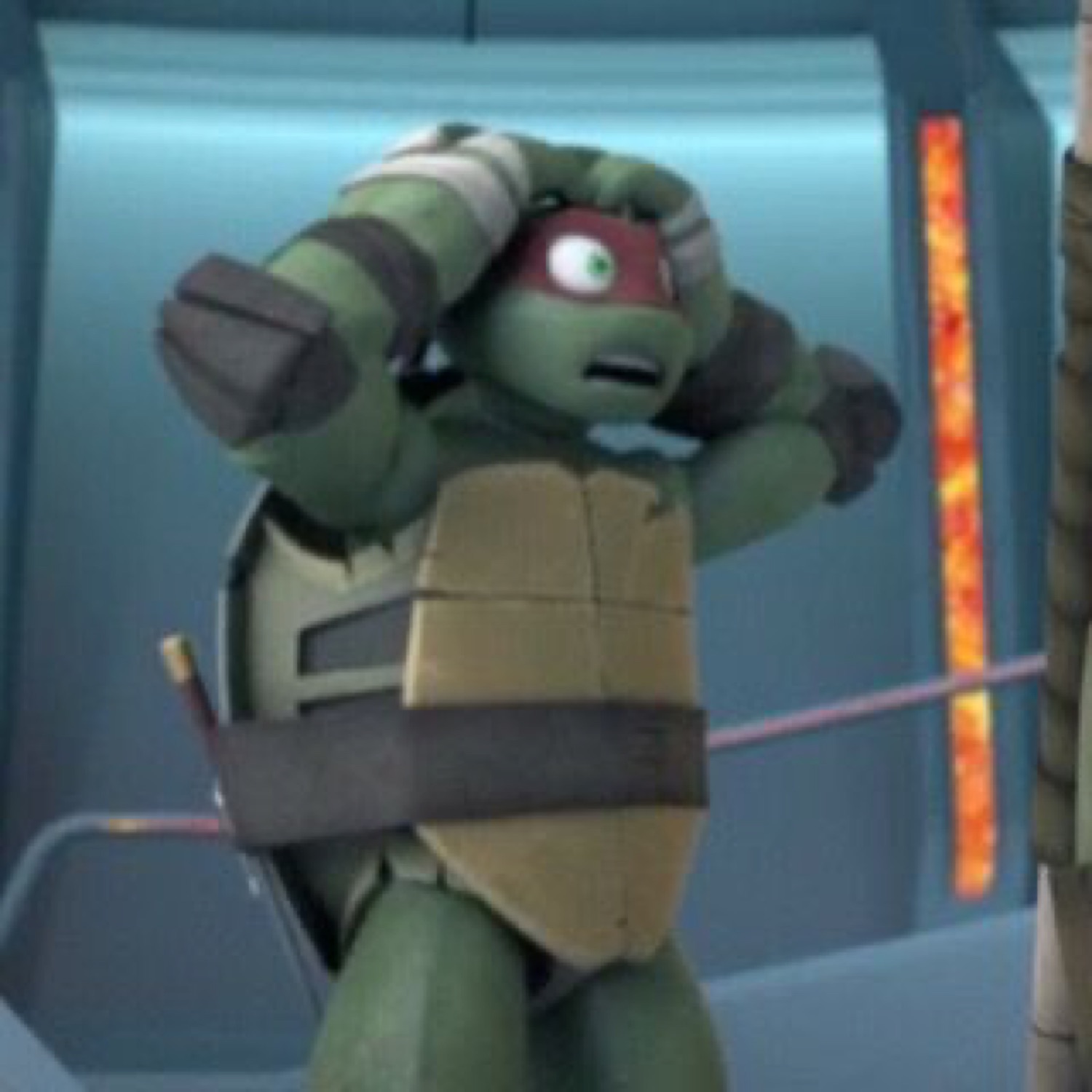 Raphael from TMNT grabs his head in disbelief with a panicked one-eyed grimace