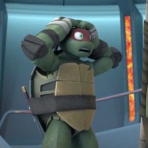 Raphael from TMNT grabs his head in disbelief with a panicked one-eyed grimace