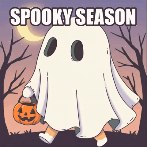 Cute ghost carrying a pumpkin bucket, "Spooky season"