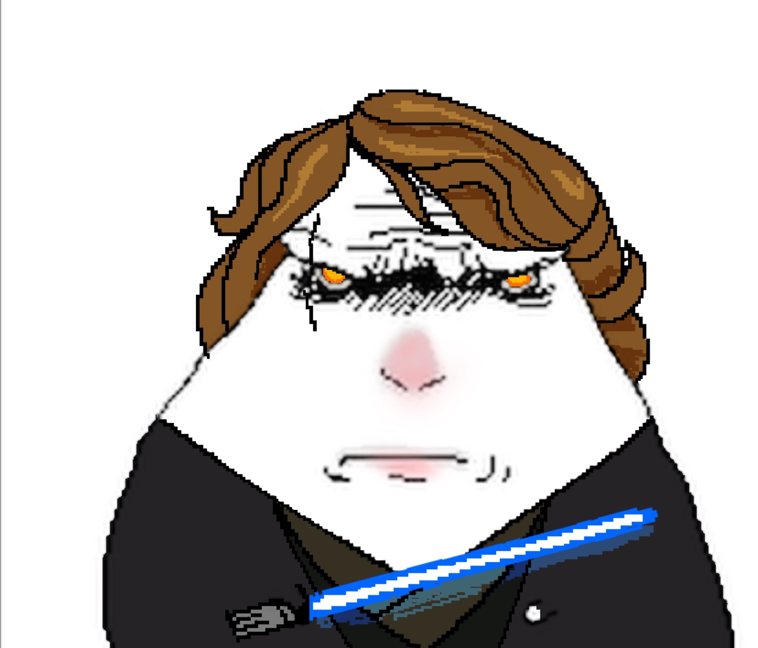 Pixel wojak Anakin glaring with a blue lightsaber