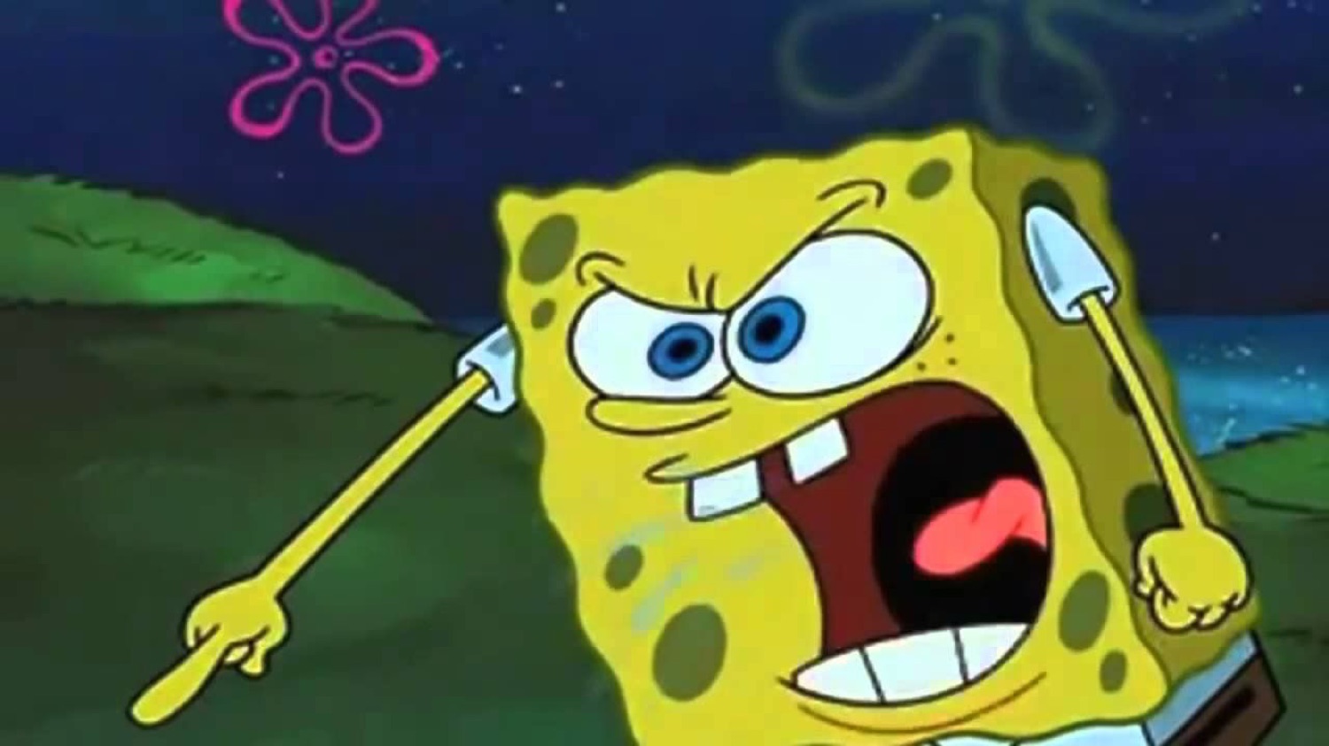 SpongeBob screaming with mouth wide open, holding spatulas like he's ready to fight
