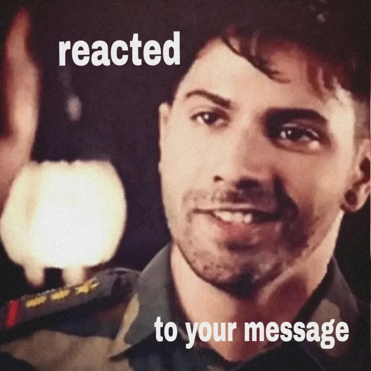 Varun Dhawan in army uniform grinning with 'reacted to your message' text