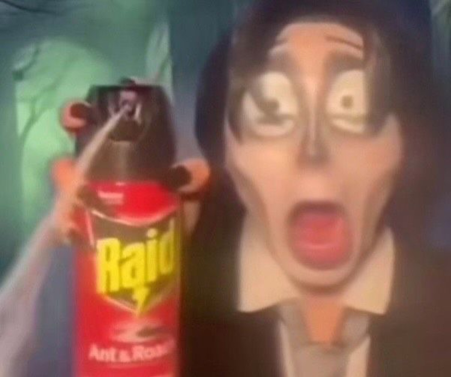 Cartoon villain recoiling in horror at a can of Raid bug spray