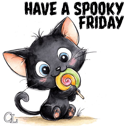Black kitten licking a lollipop, "Have a spooky Friday"
