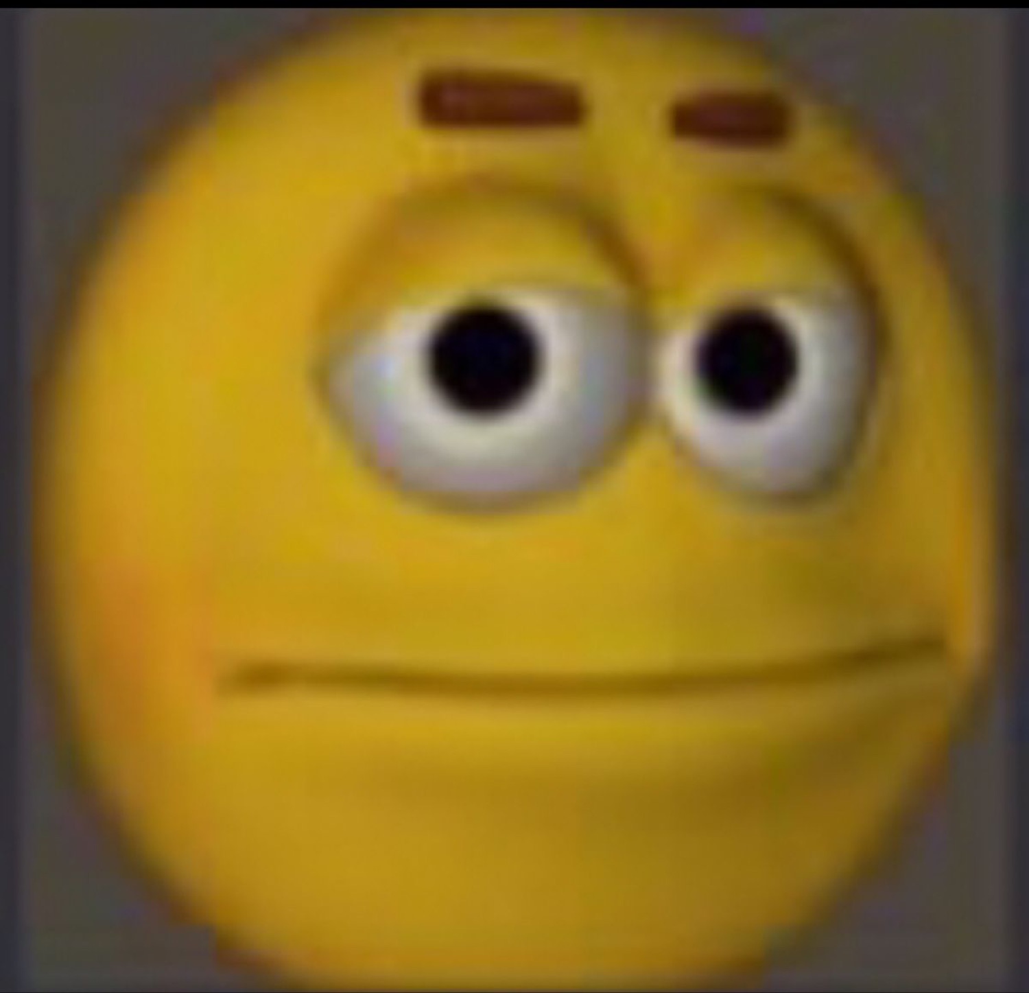 Yellow 3D emoji face with raised brows and a flat, unimpressed straight mouth