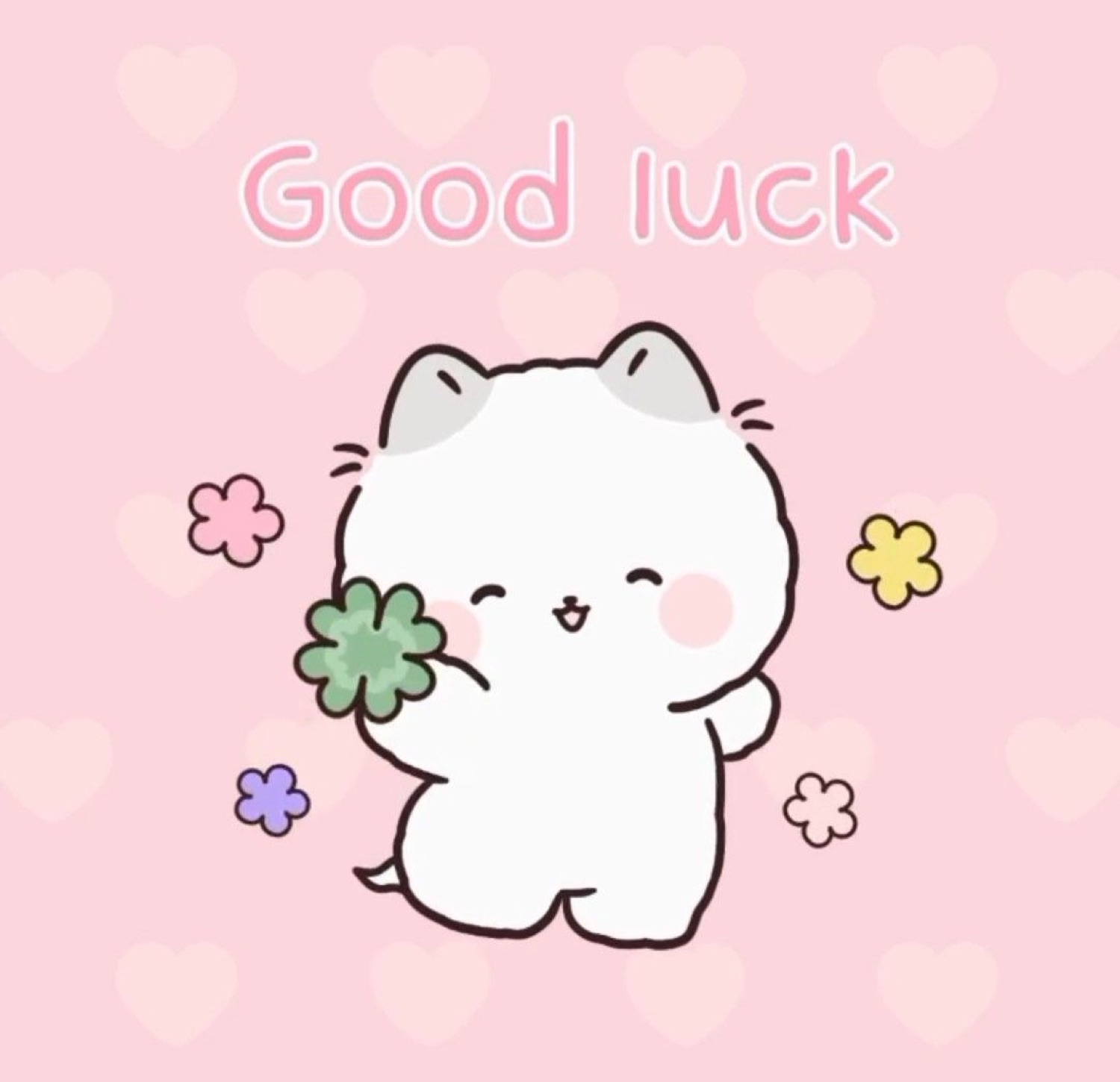 Cute white cat holding a clover on pink: 'Good luck'