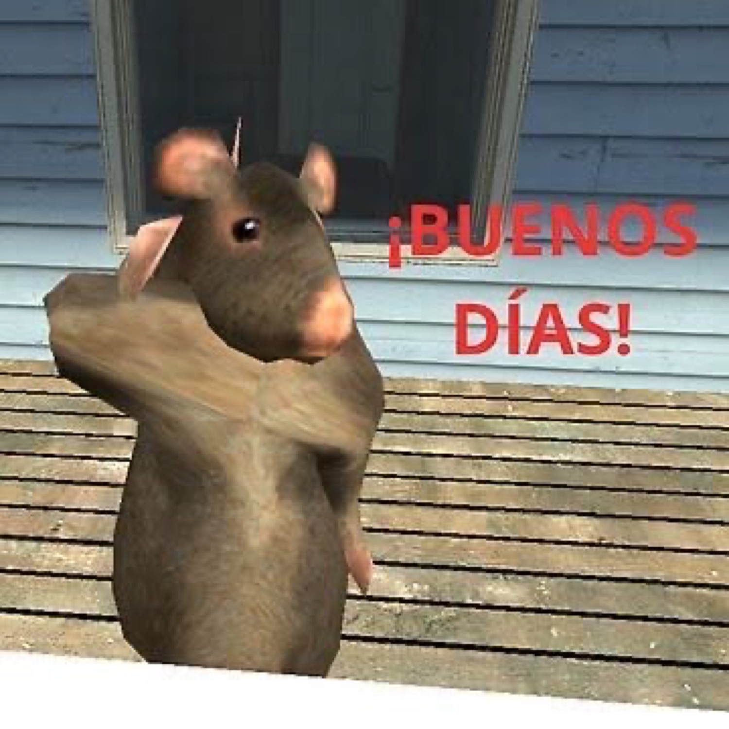 Rat standing on a porch: '¡BUENOS DÍAS!'