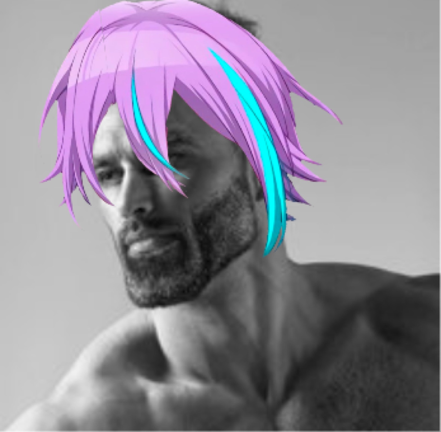 Gigachad with pink and blue anime hair