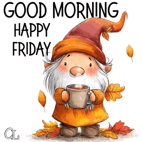 Cartoon gnome holding a mug of coffee, "Good morning, happy Friday"