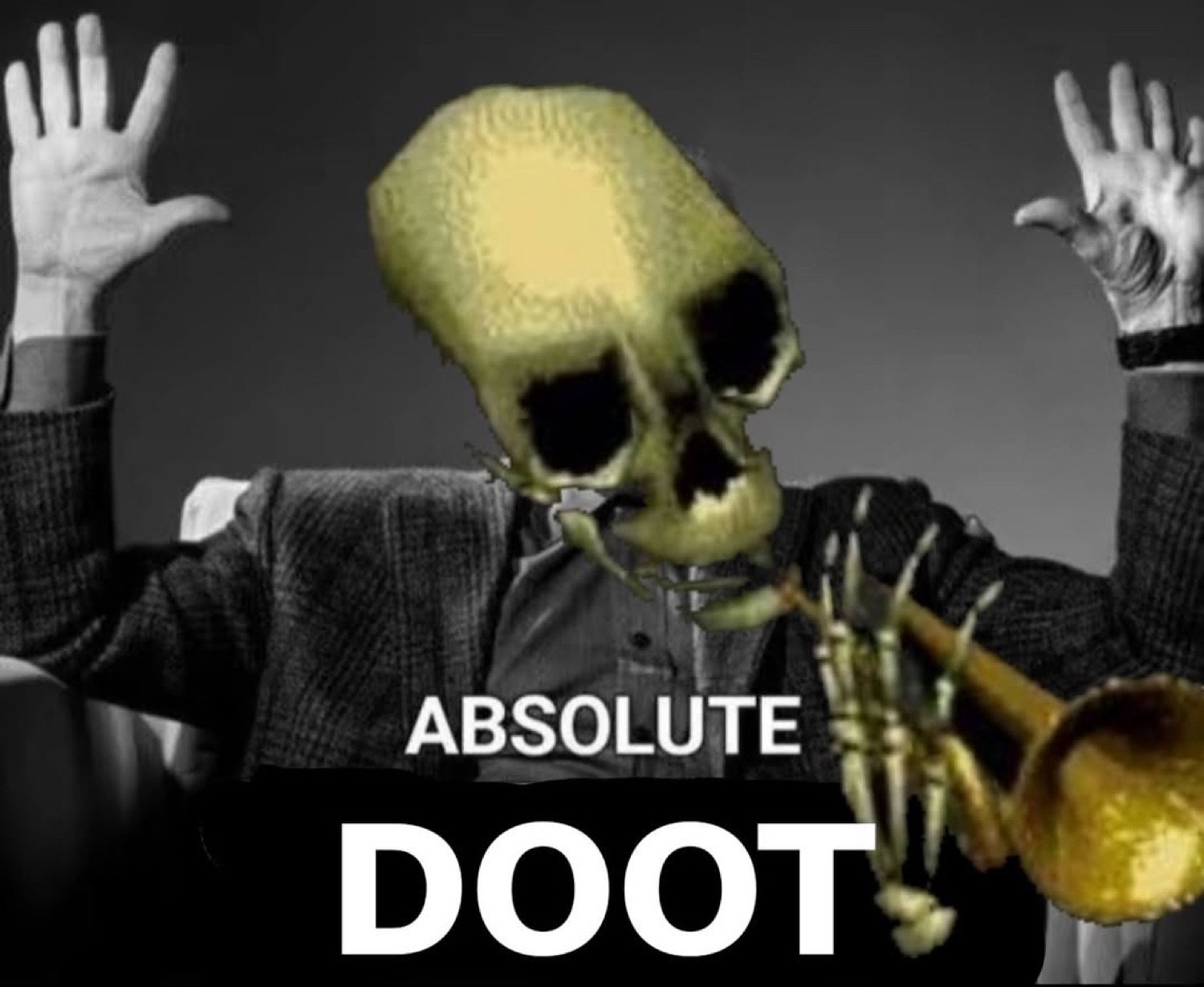 Mr. Skeltal blowing a trumpet in front of a cheering crowd, captioned 'ABSOLUTE DOOT'