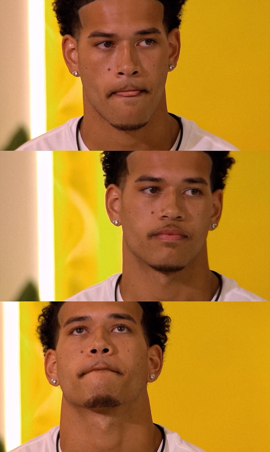 Three stacked frames of Love Island USA's Corbin pursing his lips in thought