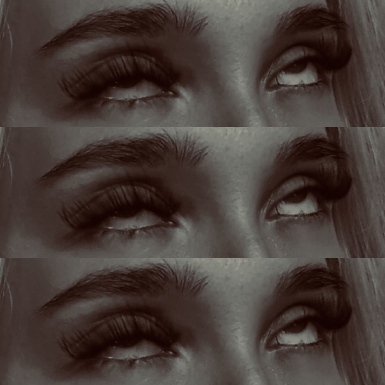 Three-panel B&W close-up of a woman's eyes giving a slow, loaded side-eye