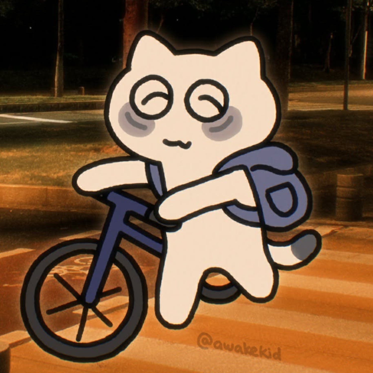 Cartoon cat with a backpack riding a bicycle with a happy face