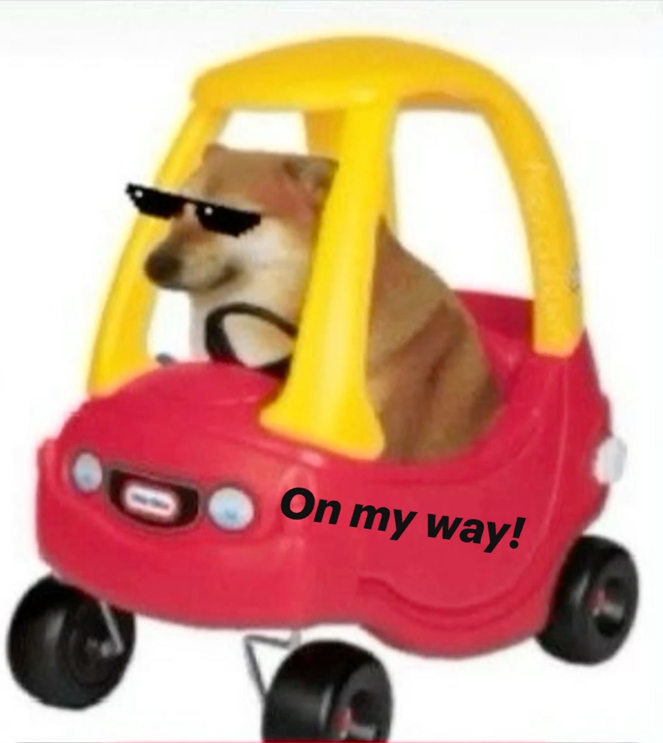 Cheems in sunglasses driving a toy car: 'On my way!'