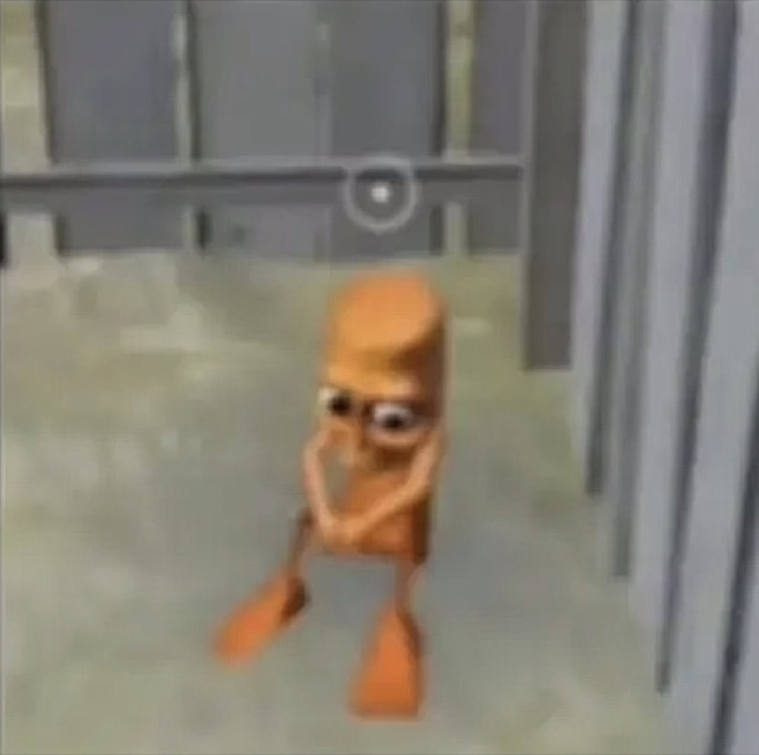 Orange cartoon figure crouching awkwardly in a hallway