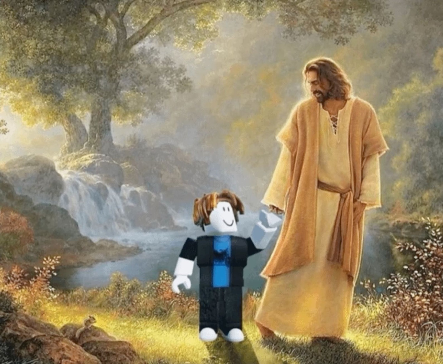 Jesus walking hand in hand with a Roblox character