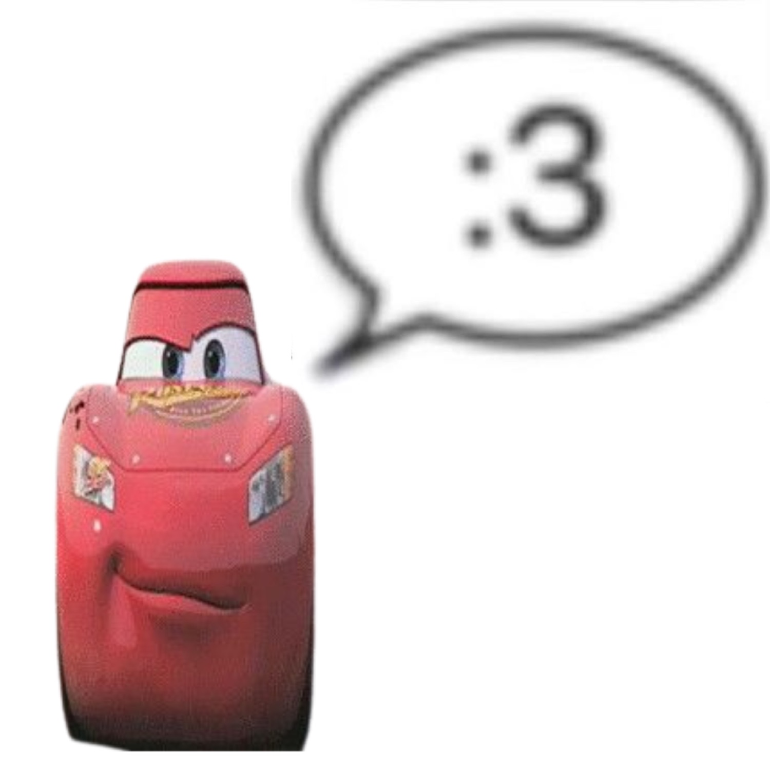 Squished McQueen with a ':3' speech bubble