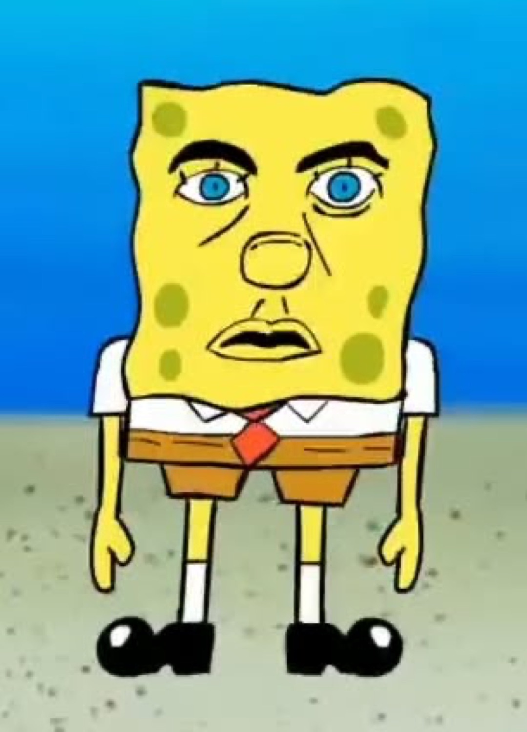 SpongeBob redrawn with a realistic, unimpressed human face