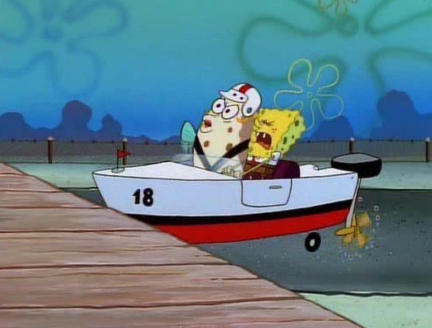 Mrs. Puff and a panicking SpongeBob in a boat