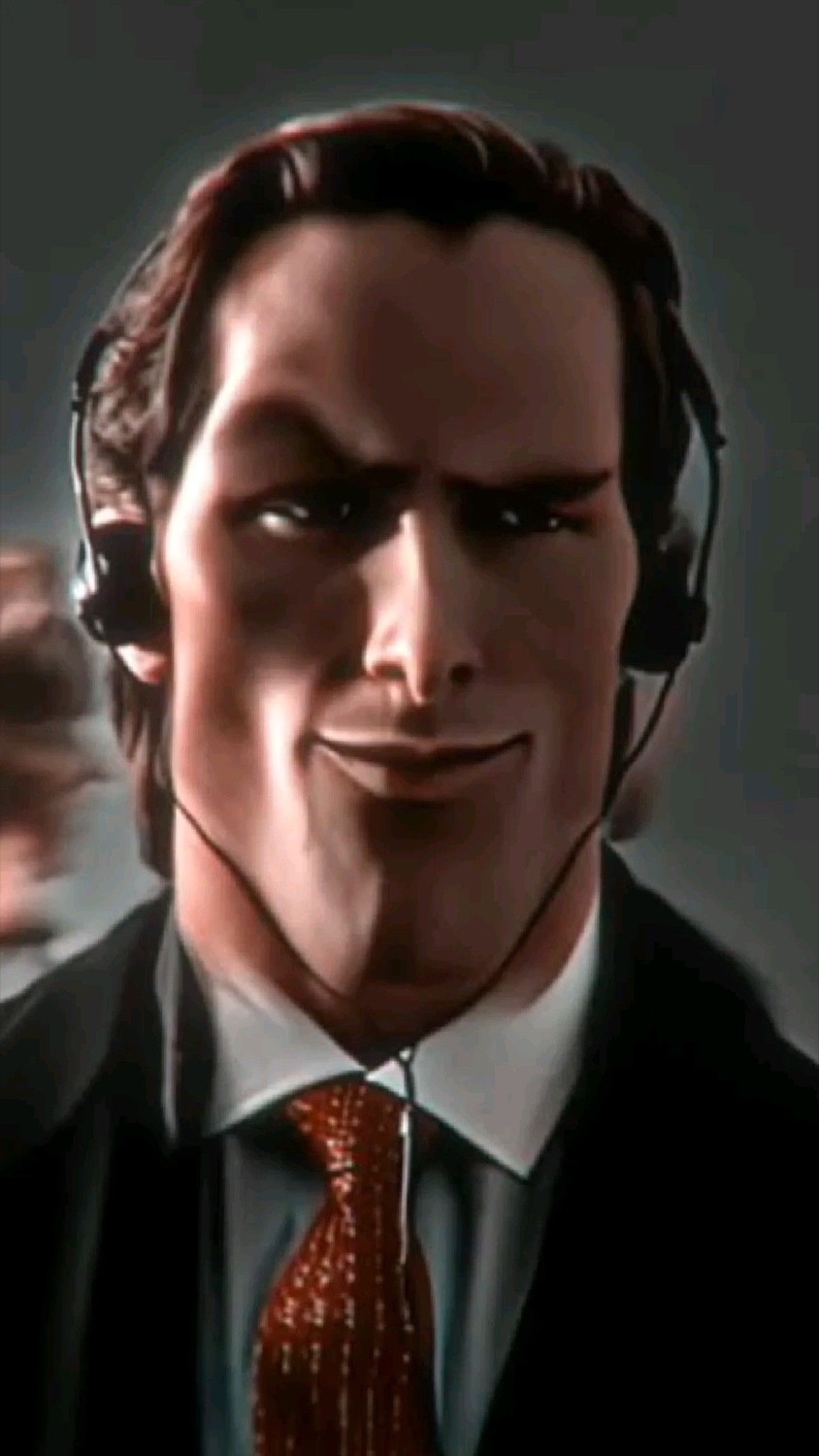 Patrick Bateman in headphones with a smug smirk