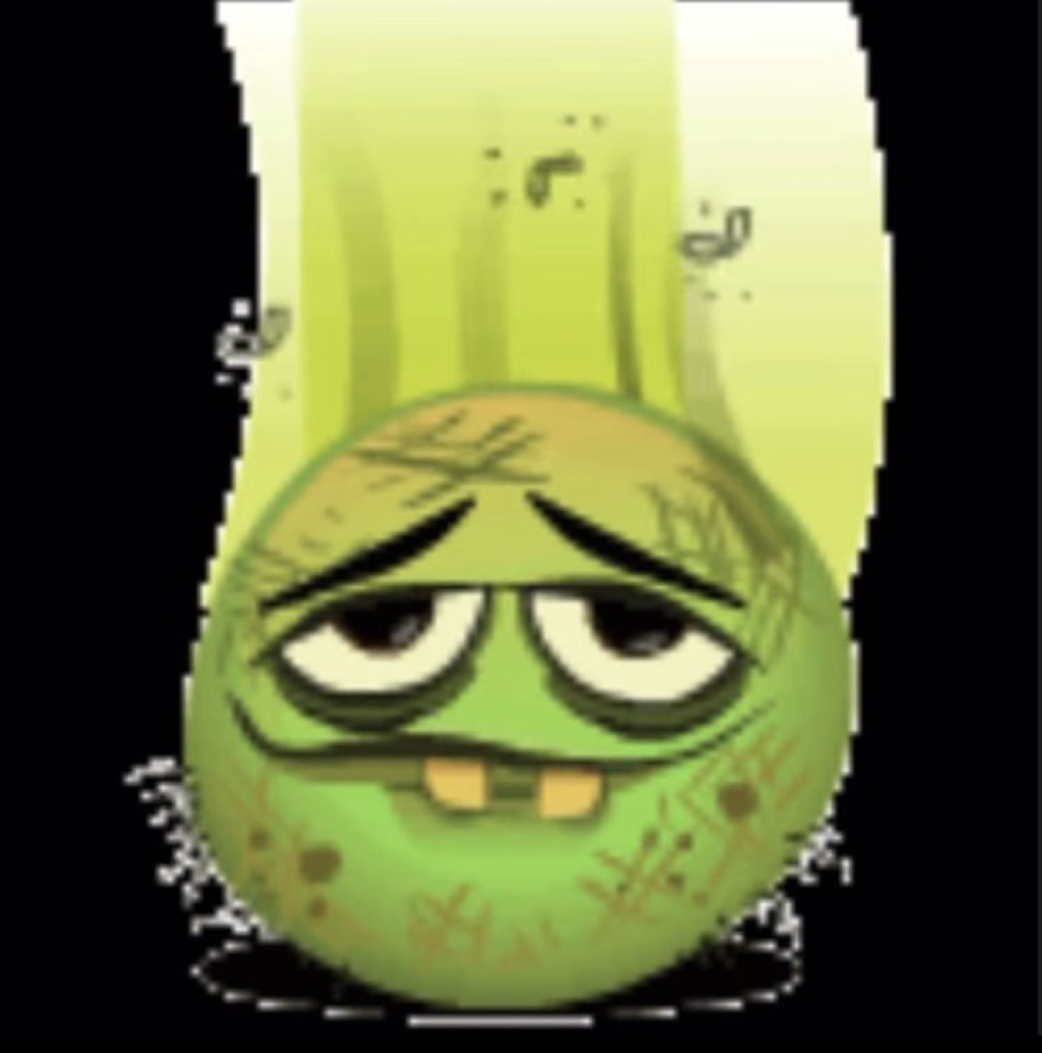 Sickly green face with droopy eyes