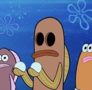 SpongeBob fish character staring blankly straight ahead while others glance over