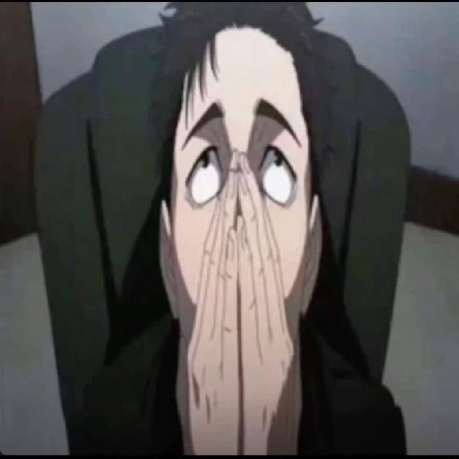 Anime character covering their face in horror, wide white eyes darting upward in panic