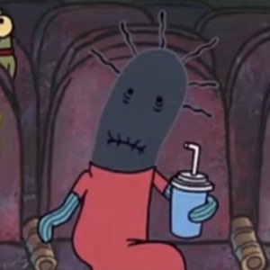 Cartoon SpongeBob character slumped in an armchair holding a drink with a dead, stitched-mouth stare