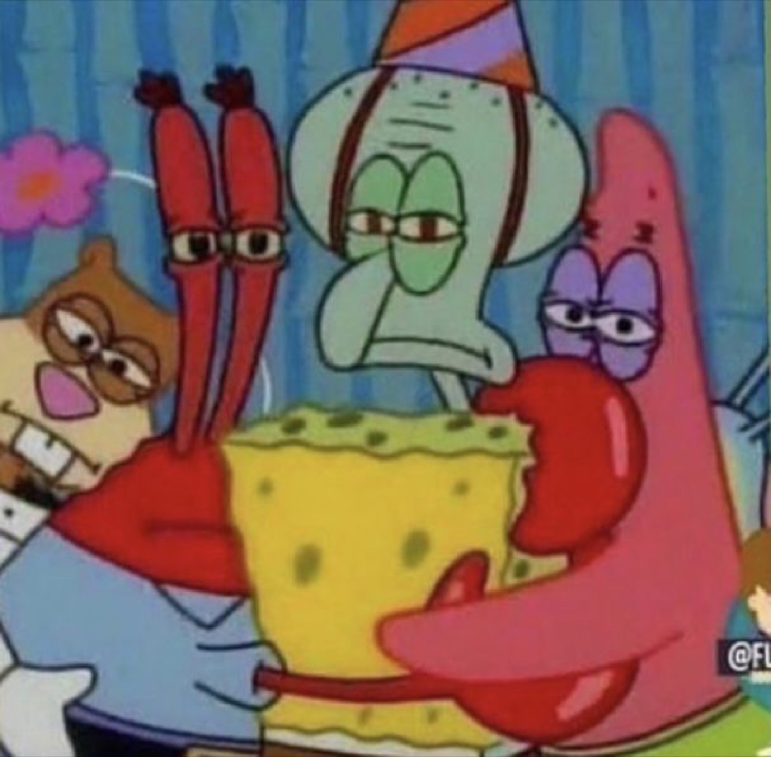 SpongeBob characters crowded together with half-lidded, deeply unimpressed eyes