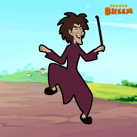 Cartoon man from Chhota Bheem dancing wildly with a stick