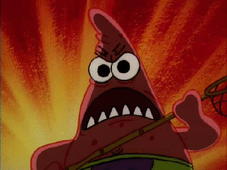 Patrick Star from SpongeBob furious with fire behind him
