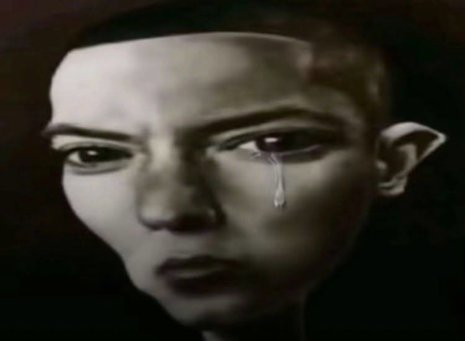 Dramatic grayscale portrait of a person with a single tear rolling down their face and a hard stare