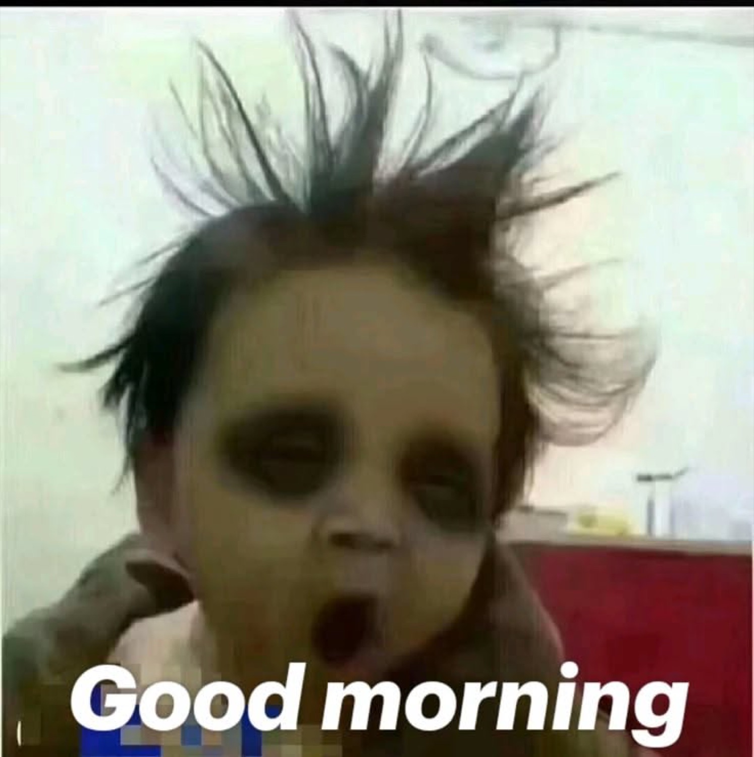 Kid with messy hair and dark-ringed eyes yawning: 'Good morning'