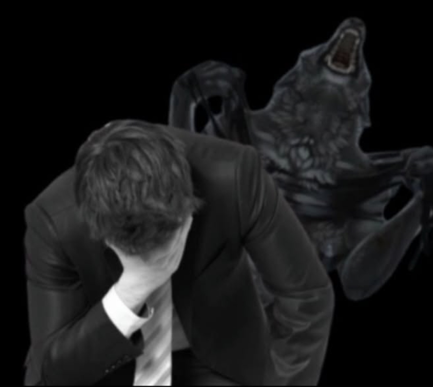 Man in a suit slumped with his face in his hand as a dark screaming demon looms behind
