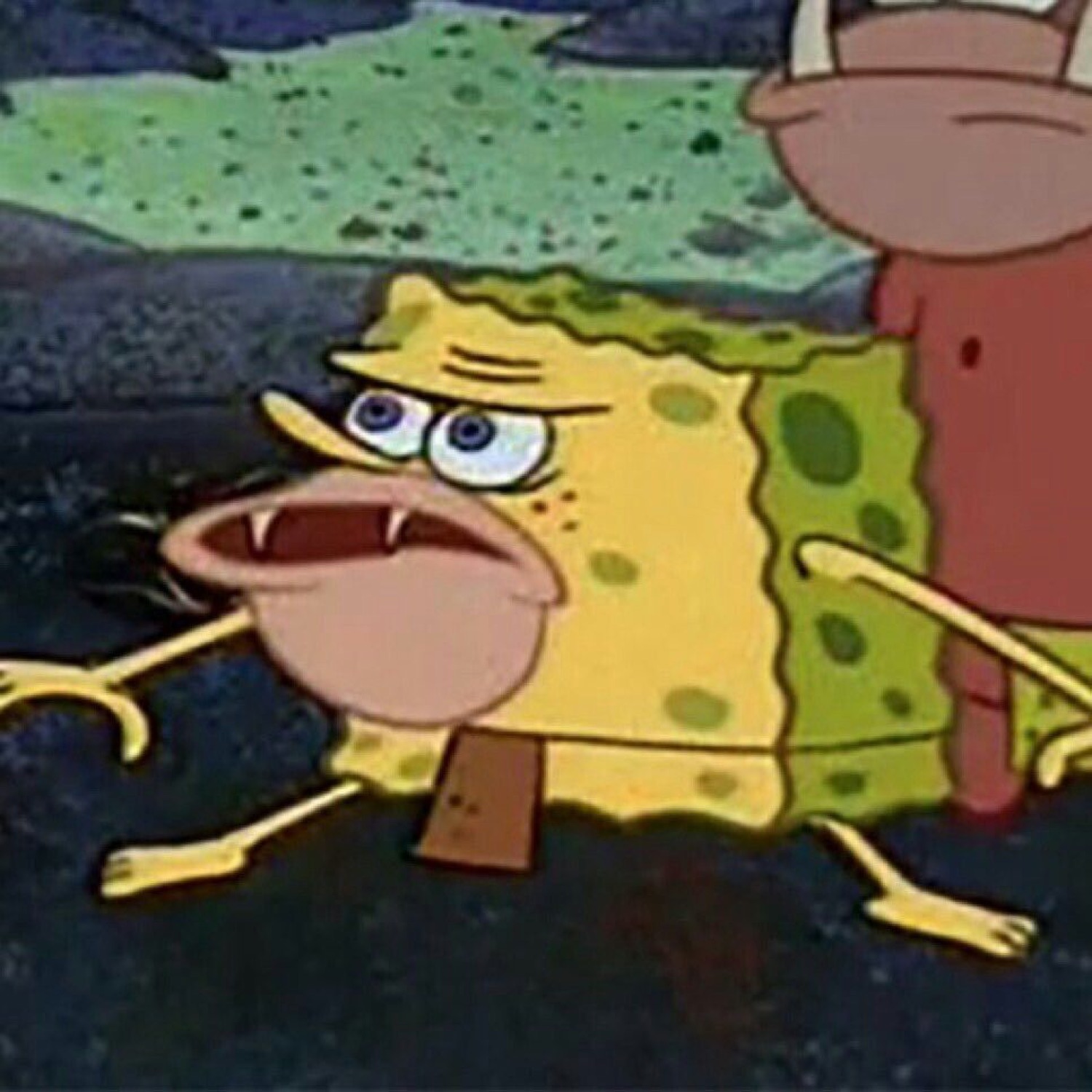 Primitive SpongeBob crouched in feral stance with fangs bared and wild eyes