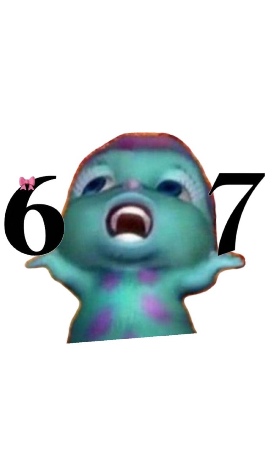 Teal cartoon creature with its mouth open between a big '6' and '7'