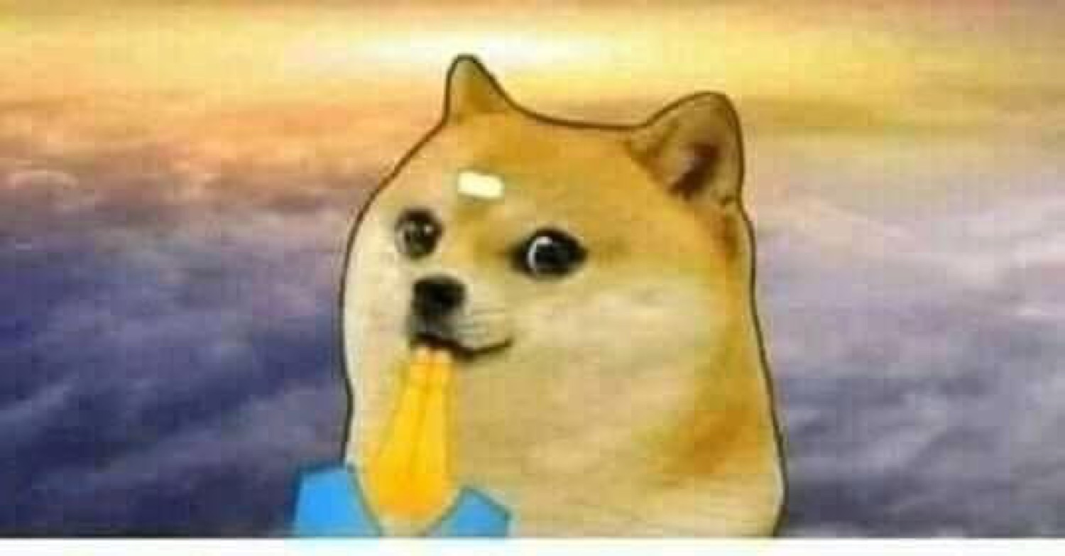 Doge with a tilak on its forehead floating in the clouds
