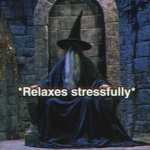 Robed wizard seated in a stone archway captioned '*Relaxes stressfully*'