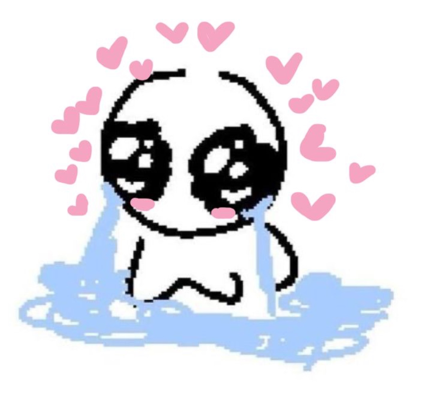 Doodle face bawling in a puddle of tears with pink hearts floating around it