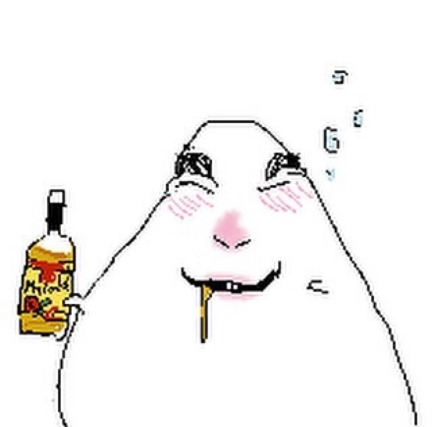 Crude doodle face flushed pink, clutching a liquor bottle with a drink dribbling out