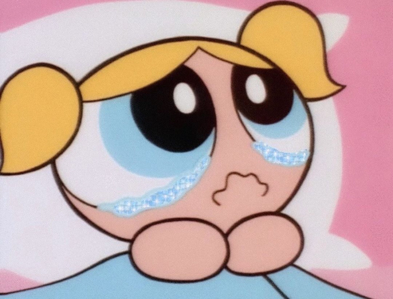Bubbles from Powerpuff Girls in full sob mode, tears streaming down both cheeks